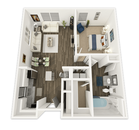 A 3D floor plan of a house with a living room, kitchen, dining room, and bedrooms.