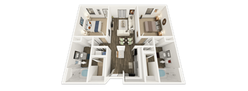 A top-down view of a house interior with a kitchen, living room, and bedrooms.