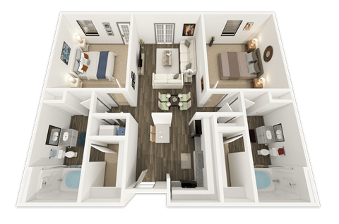 A top-down view of a house interior with a kitchen, living room, and bedrooms.