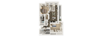 A 3D floor plan of a small apartment with a kitchen, living room, and bedroom.