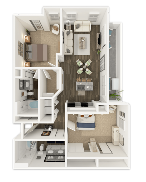 A 3D floor plan of a small apartment with a kitchen, living room, and bedroom.