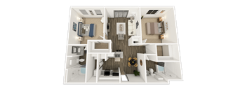 A 3D floor plan of a house showing a kitchen, living room, and two bedrooms.