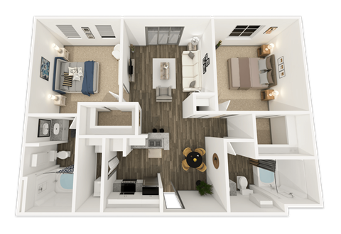A 3D floor plan of a house showing a kitchen, living room, and two bedrooms.