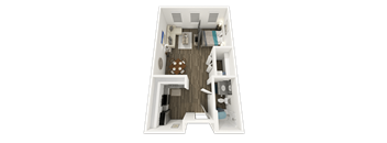 A top-down view of a small, well-organized apartment with a kitchen, living room, and bathroom.