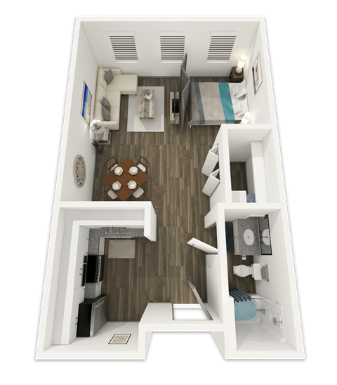 A top-down view of a small, well-organized apartment with a kitchen, living room, and bathroom.