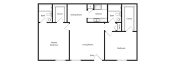 A floor plan of a house with a living room, dining room, kitchen, two bedrooms, and a master bedroom.