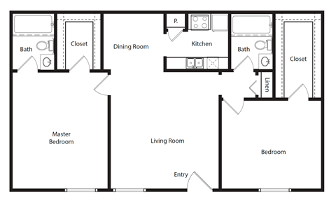 A floor plan of a house with a living room, dining room, kitchen, two bedrooms, and a master bedroom.
