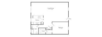 A floor plan of a small apartment with a living/dining area, kitchen, bathroom, and bedroom.