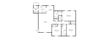 A black and white floor plan of a house with a living room, two bedrooms, a kitchen, a bathroom, and a shared utility space.