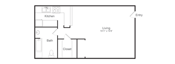 A floor plan of a small apartment with a kitchen, bath, closet, and living room.