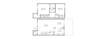 A floor plan of a home with two bedrooms, a living room, a dining area, a kitchen, and a bathroom.