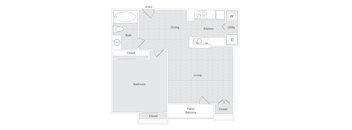 A floor plan of a house with labeled rooms such as Entry, Dining, Kitchen, Bath, Bedroom, Living, Patio/Balcony, and Closet.