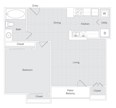 A floor plan of a house with labeled rooms such as Entry, Dining, Kitchen, Bath, Bedroom, Living, Patio/Balcony, and Closet.