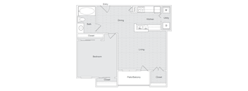 A floor plan of a house with labeled rooms such as Entry, Bath, Dining, Kitchen, Living, Bedroom, and Patio/Balcony.