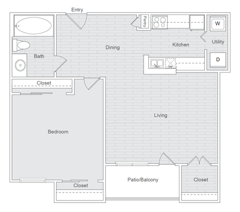 A floor plan of a house with labeled rooms such as Entry, Bath, Dining, Kitchen, Living, Bedroom, and Patio/Balcony.