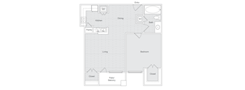 A floor plan of a house with a kitchen, dining room, pantry, living room, bedroom, and bathroom.