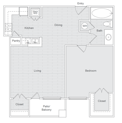 A floor plan of a house with a kitchen, dining room, pantry, living room, bedroom, and bathroom.