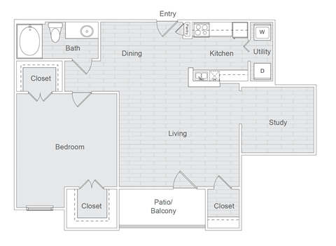 A floor plan of a house with labeled rooms such as Bath, Dining, Kitchen, Bedroom, Study, Living, Patio/Balcony.