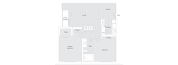 A floor plan of a house with a kitchen, dining area, living room, and two bedrooms.