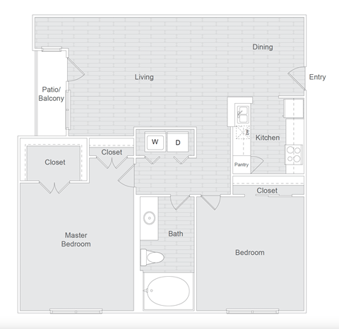 A floor plan of a house with a kitchen, dining area, living room, and two bedrooms.