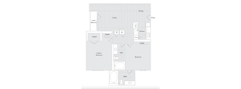A floor plan of a house with a kitchen, living room, dining room, and two bedrooms.