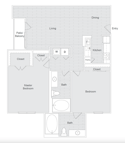 A floor plan of a house with a kitchen, living room, dining room, and two bedrooms.