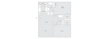 A floor plan of a house with labeled rooms such as kitchen, dining, and bedrooms.