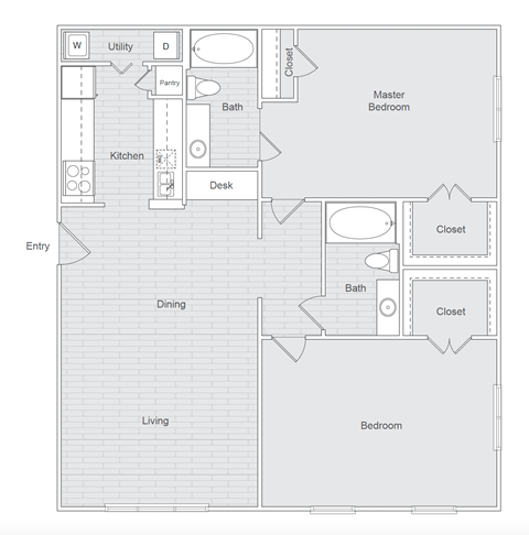 A floor plan of a house with labeled rooms such as kitchen, dining, and bedrooms.