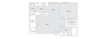 A floor plan of a house with a kitchen, dining room, bedroom, bathroom, and storage.