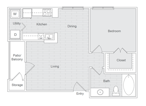 A floor plan of a house with a kitchen, dining room, bedroom, bathroom, and storage.