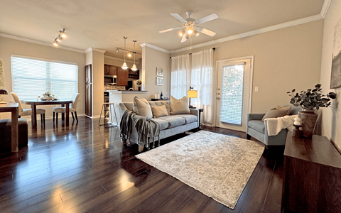 A living room with a couch, a rug, and a ceiling fan.