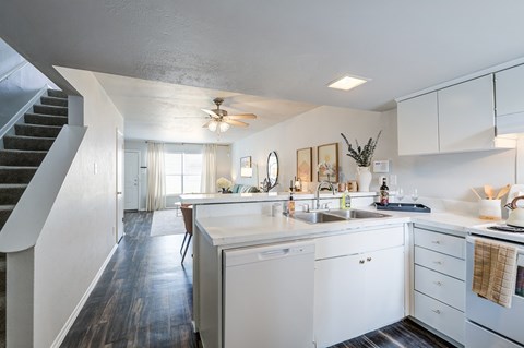 A kitchen with white cabinets and a stainless steel dishwasher.