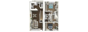 A 3D floor plan of a small apartment with a living room, kitchen, and bedroom.