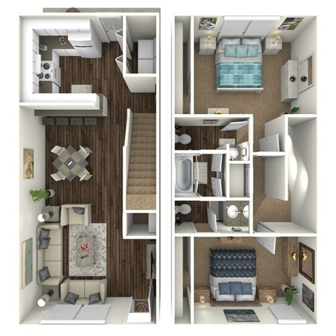 A 3D floor plan of a small apartment with a living room, kitchen, and bedroom.