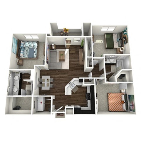 a 3d floor plan of a 2100 sq ft apartment