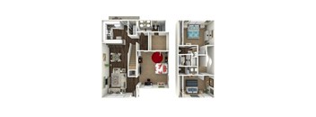 a stylized 3d floor plan of a 2100 sq ft apartment