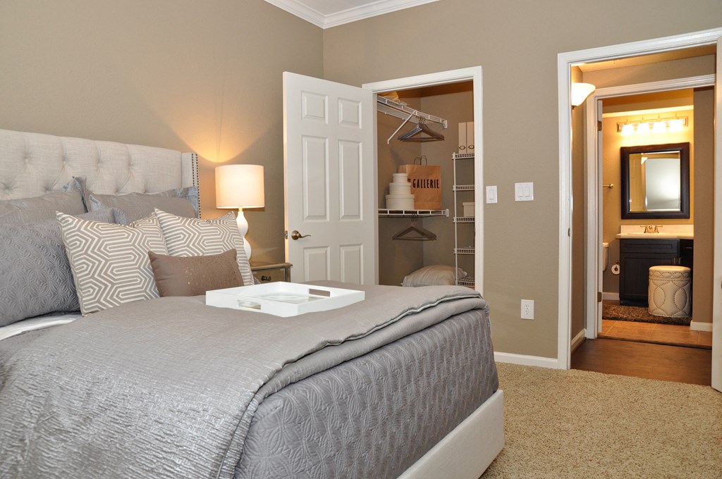 a bedroom with a bed and a closet