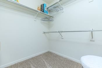 A white closet with a white chair and a white rug.