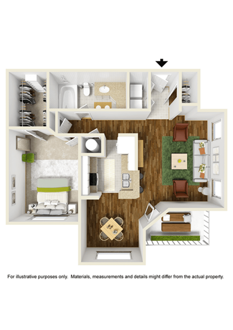 1bedroom, 1bathroom floorplan