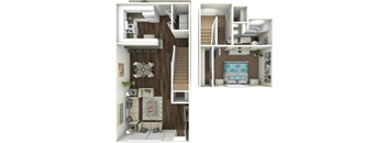 a stylized floor plan with a bedroom and a living room