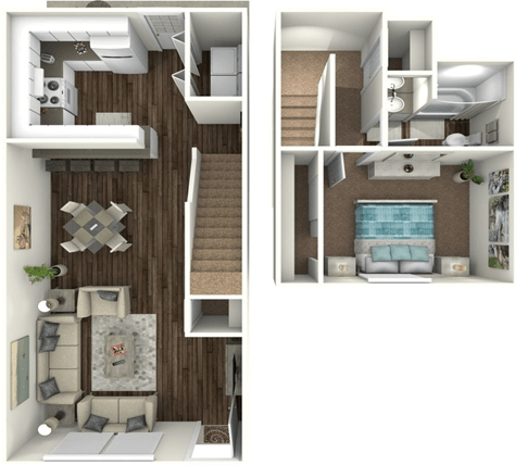 a stylized floor plan with a bedroom and a living room
