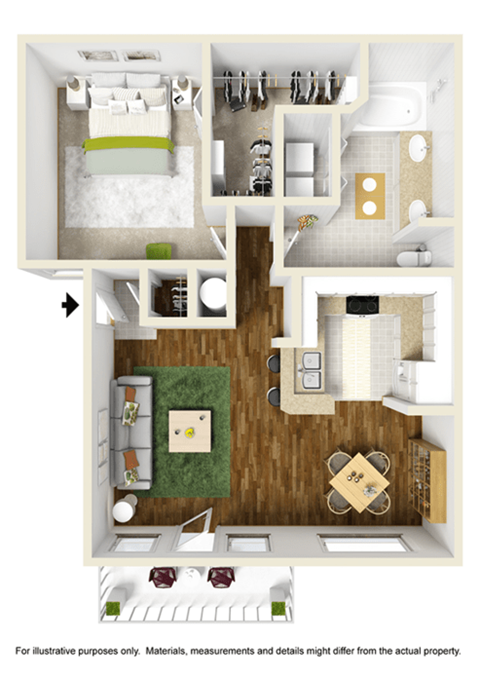 1bedroom, 1bathroom floorplan image