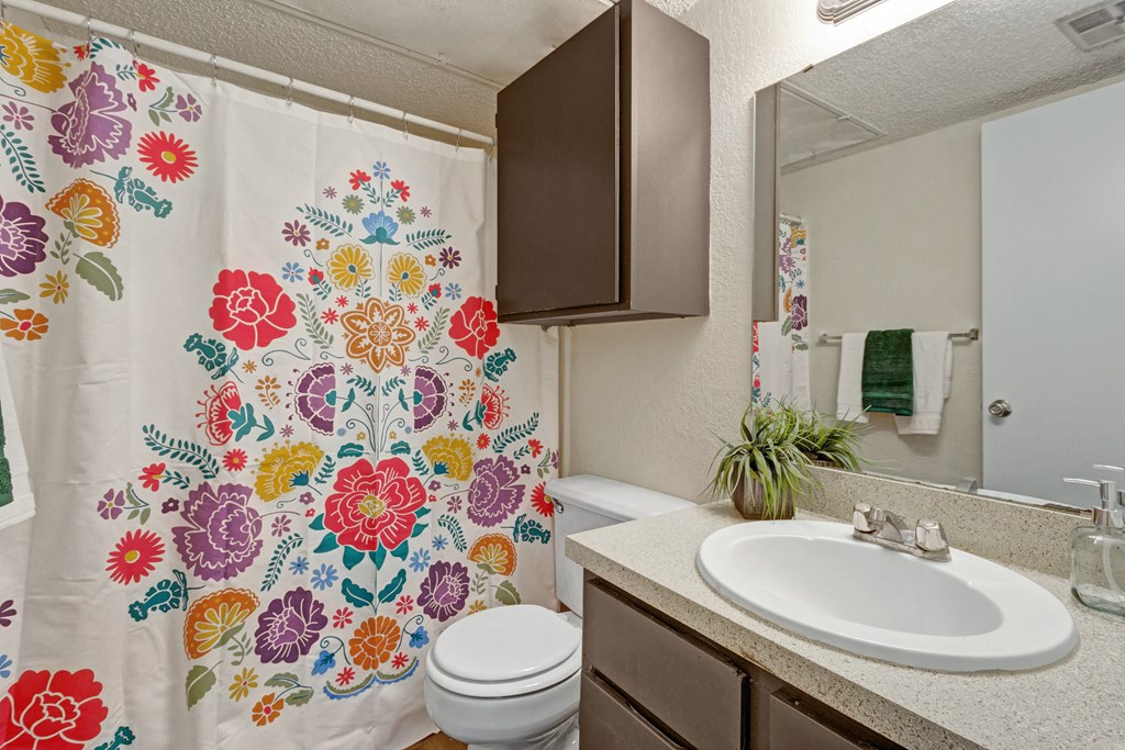 a bathroom with a shower curtain and a sink and a toilet