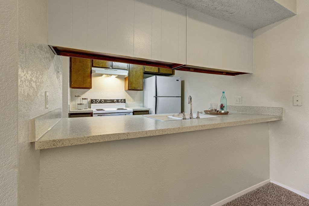 a kitchen with a counter and a sink and a refrigerator