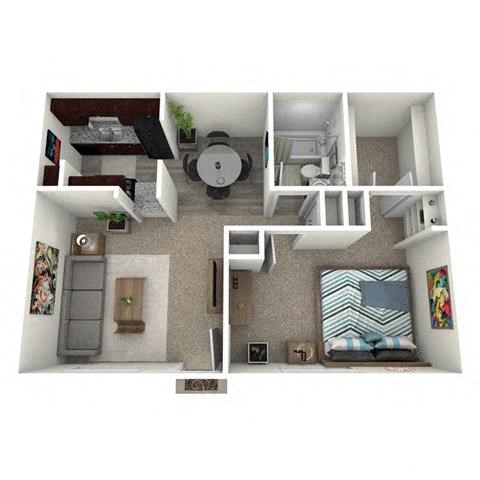 a bedroom with a bathroom and a living room