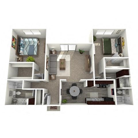 a 2 bedroom floor plan with a bathroom and a living room
