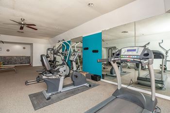 the gym has plenty of exercise equipment and mirrors