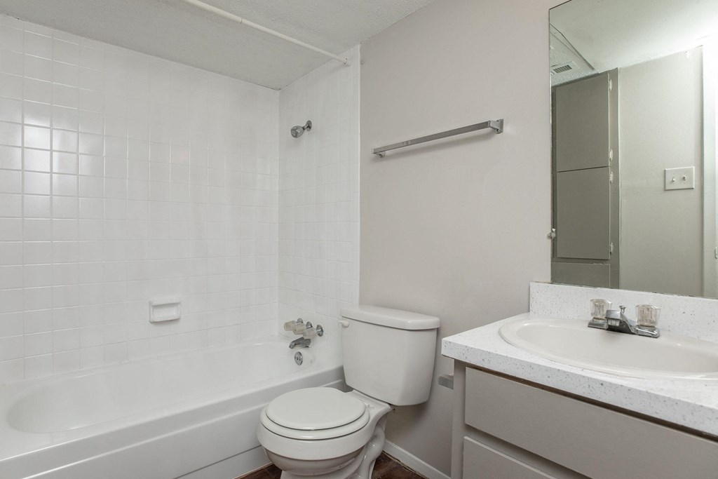 a bathroom with a toilet sink and tub and a mirror