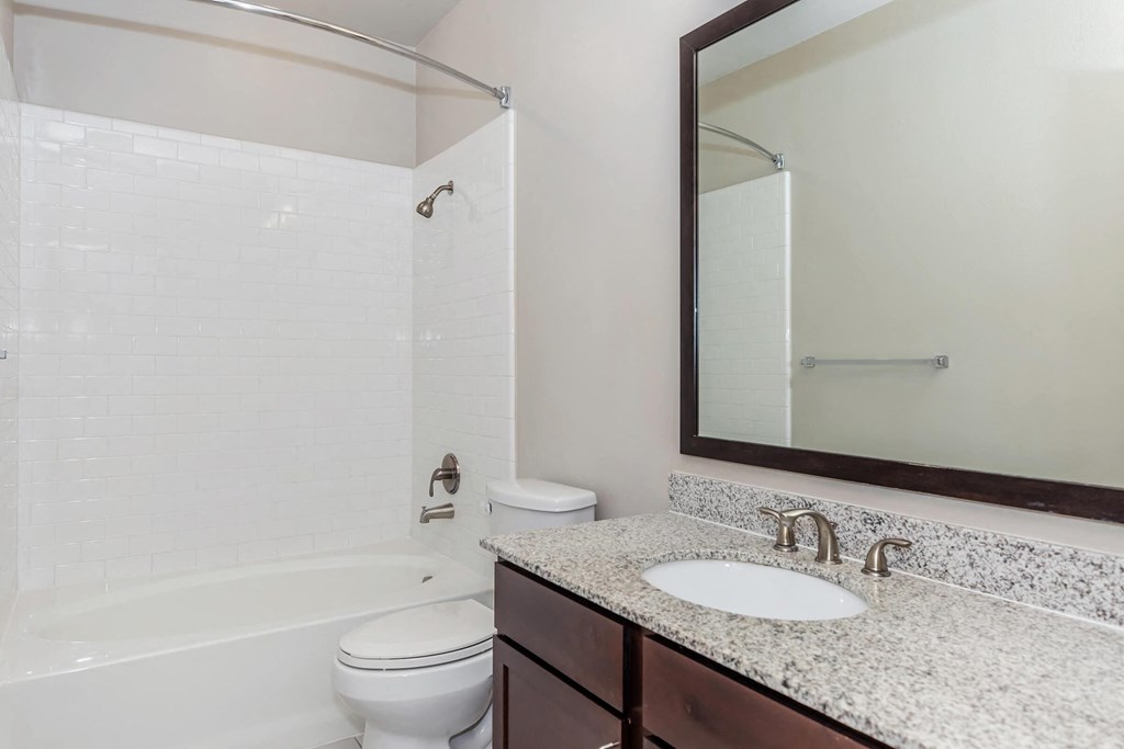 a bathroom with a sink toilet and shower and a mirror