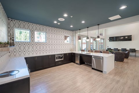 a kitchen and living room with a sink and a counter